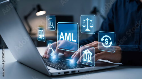 Antimoney laundering aml concept with digital icons on laptop screen