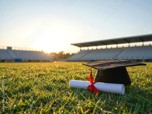 Football Field Graduation Card with Cap Diploma Scroll Bouquet