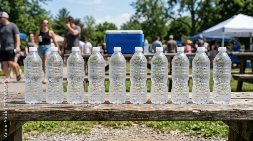 Obraz premium Row of cold water bottles on a rustic wooden table at an outdoor event