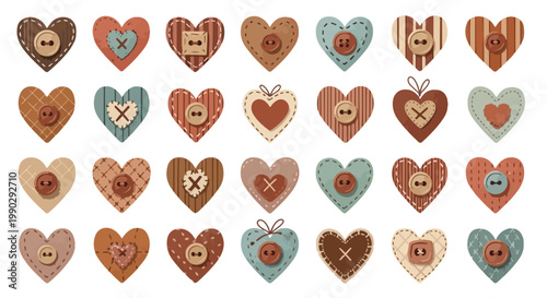 A collection of rustic fabric hearts with wooden buttons and decorative stitching, arranged in a grid pattern.