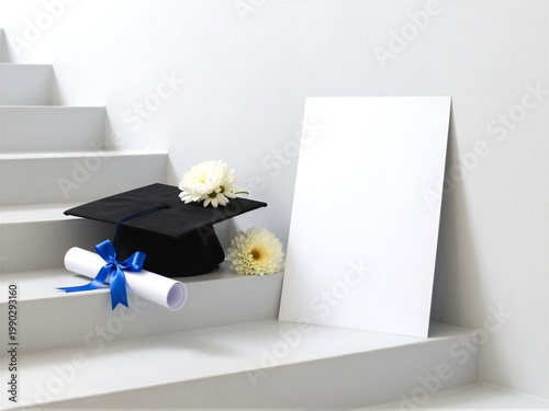 white staircase graduation card with cap, diploma, flowers and ribbons