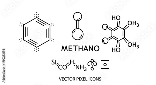 Chemical molecular structure diagrams and icons.