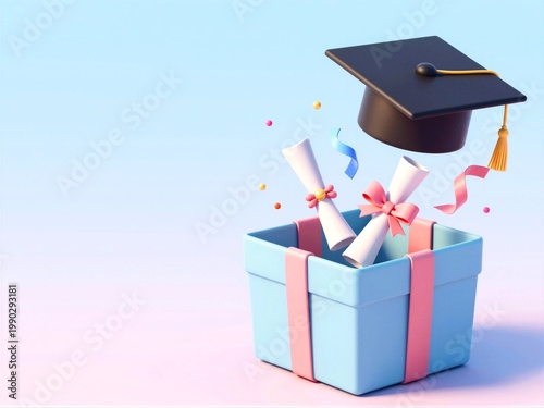 Cartoon Gift Box Graduation Card with Cap and Diploma