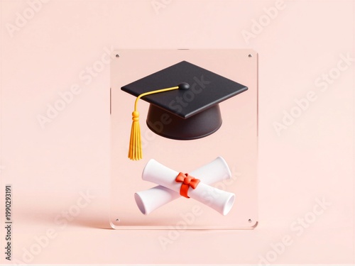 Graduation card with cap, tassel, diploma inside resin blocks on blush surface