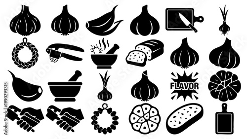 Healthy Garlic Superfood and Nutrition Icon Silhouettes Set Flat Vector Illustration on Transparent Background
