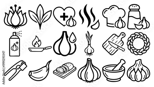 Garlic Theme Kitchen Utensil and Cooking Symbols Outline Flat Vector Illustration on Transparent Background