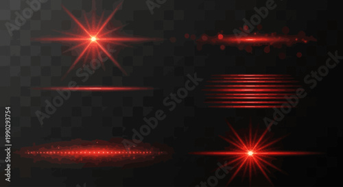 Dynamic set of red light effects featuring luminous lens flares, sparkling starbursts, and abstract glowing lines on a transparent background, perfect for design overlays and visual enhancements