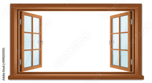 Classic wooden window frame with sashes swung wide open, offering a clear, unobstructed view and inviting fresh air into a bright, empty space