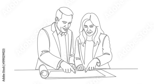 Two professionals collaborating over a blueprint or technical drawing, indicating a shared project and discussion