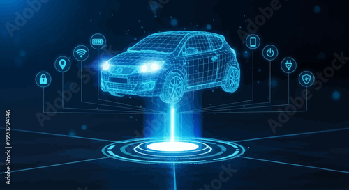 Digital transformation of automotive industry featuring a glowing wireframe smart car, surrounded by IoT connectivity icons and an advanced network system