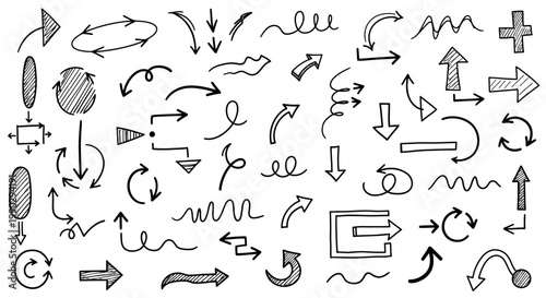 Versatile collection of hand-drawn doodle arrows, featuring various styles and directions for graphic design, web elements, and creative illustrations, perfect for indicating movement and navigation