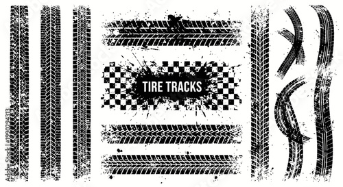 Vector set of grunge tire tracks and wheel imprints, featuring distressed rubber textures and racing patterns, ideal for automotive, rally, and off-road design projects
