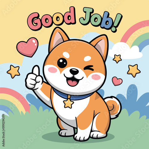 Cute Shiba Inu dog, cartoon encouragement, Good Job! sticker, colorful motivation