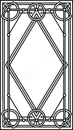 Black and white esoteric line art frame for invitation and card design. Symmetrical occult geometric border with circles and diamond shapes. Elegant Art Deco geometric border frame with mystical tarot