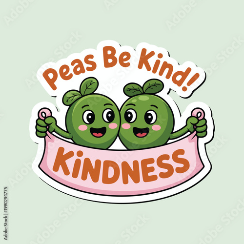 Cute peas characters, kindness sticker, vector illustration, green peas with smile