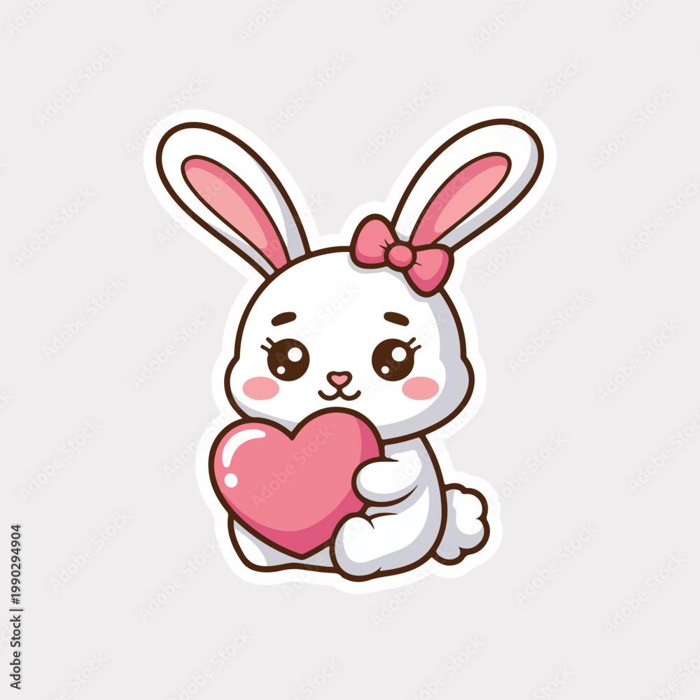 Obraz premium Cute kawaii bunny, pink heart sticker, Valentine's Day icon, white cartoon rabbit