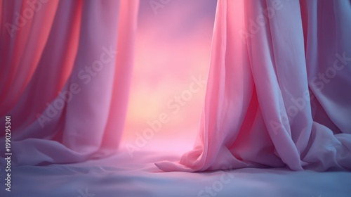 Soft pink and purple curtains gently drape to the floor, illuminated by warm light creating a dreamy, serene ambiance.