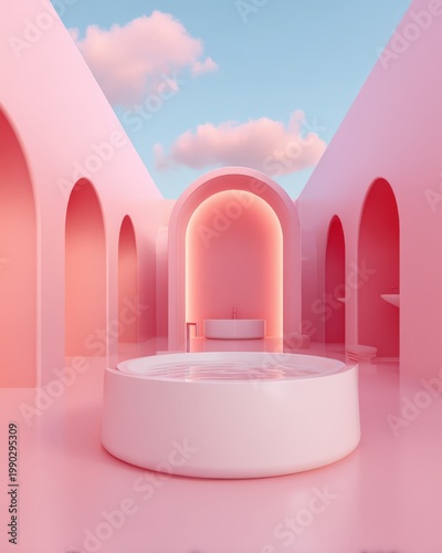 A surreal pink architectural space with arches, a round pool, and a bright sky with clouds, blending minimalism and dreamlike aesthetics.