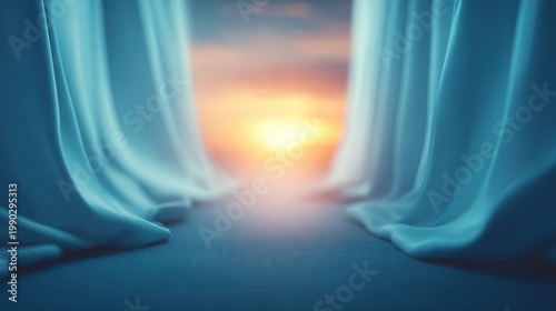 Soft blue curtains part to reveal a glowing sunrise or sunset over a calm horizon, creating a serene and peaceful atmosphere.