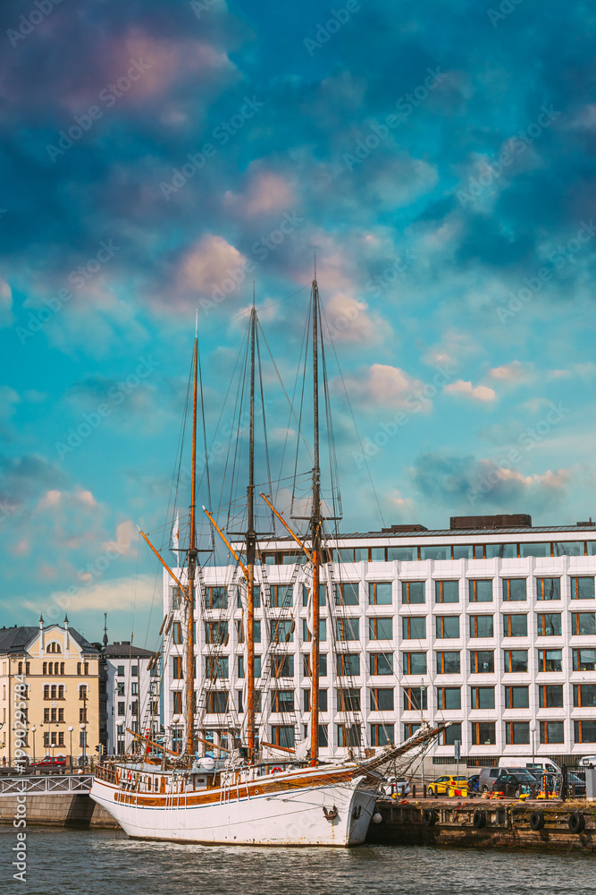 Fototapeta premium Classic Sailboat Moored at Helsinki Waterfront