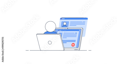 Line drawing of a person sitting with multiple devices including a laptop and tablets with blue screens.