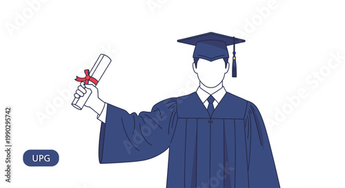 Illustration of a faceless graduate in a blue academic gown and cap holding a diploma against a clean white background.