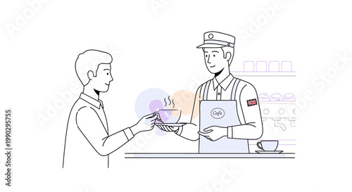 Line drawing of a customer handing a delivery person a package at a counter with a laptop and cup.