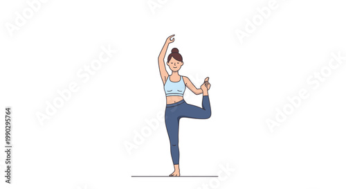 Illustration of a woman in a blue sports bra and leggings performing a yoga pose with one leg raised and arm extended on a plain white background with a minimalist style.