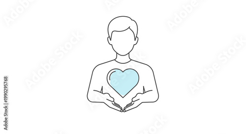 Line drawing of a person holding a heart in their hands on a white background with a minimalist style and calming mood.