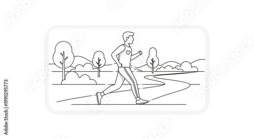 Line drawing of a man jogging on a path through a scenic outdoor landscape with trees and hills.