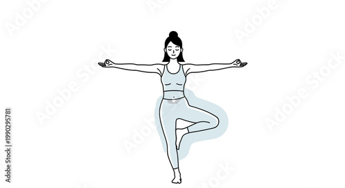 A woman in a white outfit performs a tree pose with arms outstretched against a clean white background.