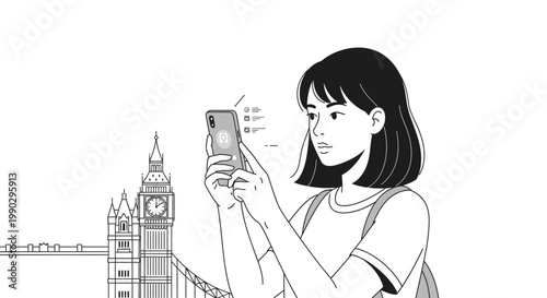 A young woman takes a photo of Big Ben with her smartphone while standing in front of a bridge.