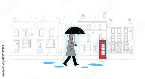 A cartoon woman walks under a black umbrella past a red phone booth on a rainy city street with blue puddles and a sketched background.