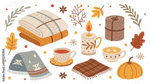 An illustration of autumnal items including blankets, cups of tea, a candle, and fall leaves on a white background.