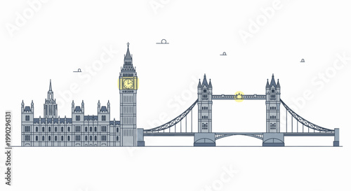 Illustration of the Houses of Parliament and Tower Bridge in London with a minimalist design and a predominantly gray color palette.