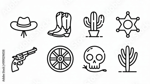 Cute Wild West Icon Set Cowboy Hat, Boots, Cactus and Desert Elements Line Art Collection