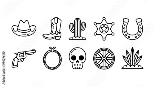 Cute Wild West Icon Set Cowboy Hat, Boots, Cactus and Desert Elements Line Art Collection