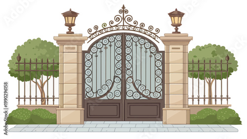 An ornate iron gate with stone pillars and lanterns stands in front of a wrought iron fence and trees.