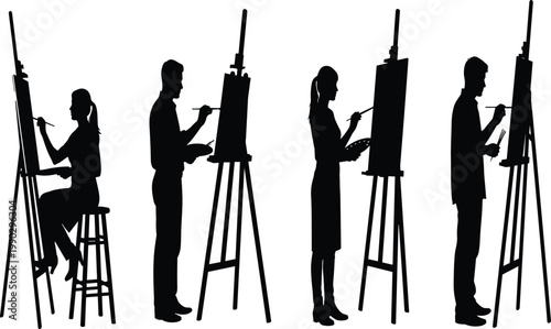 Artist silhouette collection, painting at easel illustration, creative artwork vector, painter with brush and palette, black and white design
