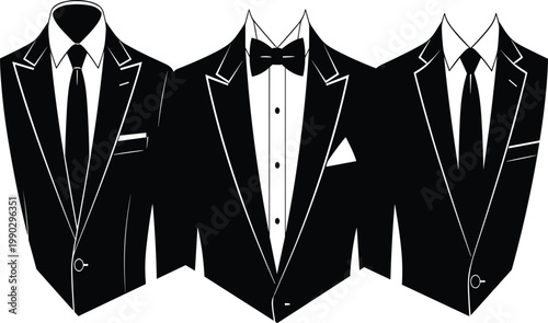Formal tuxedo suit variations, elegant bow tie, classic necktie styles, professional attire illustration, black and white silhouette fashion design