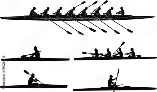 Rowing team silhouette, kayaking illustration, water sport artwork, paddling vector design, athletic boat silhouettes, black and white sport collection