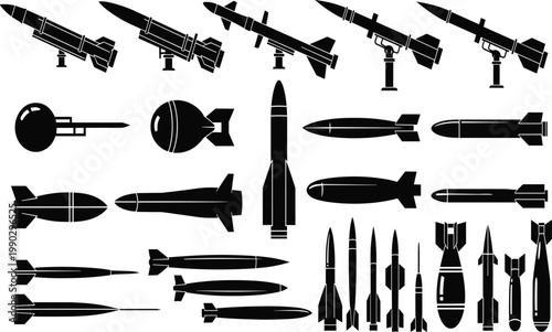 Missile silhouette collection, bomb vector illustration, rocket design artwork, military ordnance silhouettes, weapon system variety, black and white illustration