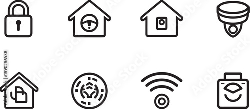 Smart home security icon set with smart lock and surveillance symbols