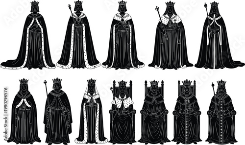 Royal silhouette collection, king and queen illustration, crown and throne artwork, regal attire vector, monarchy design, black and white icon set