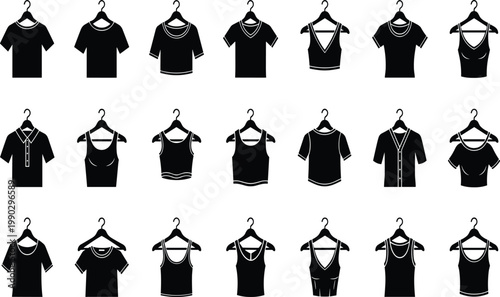 Shirt silhouette collection, fashion top illustration, stylish clothing vector, diverse garment artwork, t‑shirt design, polo shirt, tank top, blouse