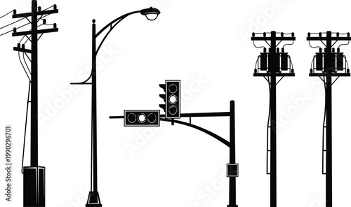 Utility pole silhouette collection, streetlight illustration, traffic signal artwork, electrical transformer vector, urban infrastructure design, black and white icon set