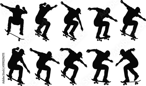 Skateboarder silhouette collection, ollie trick sequence, dynamic sport illustration, extreme skateboarding artwork, black and white vector design, motion progression