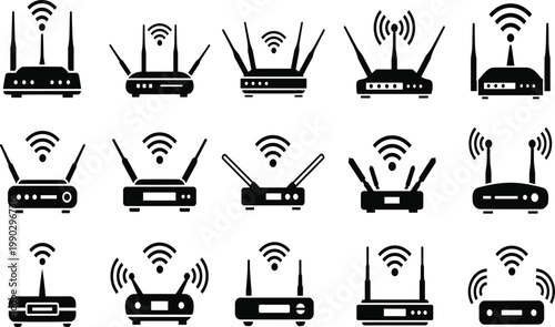 Wireless router silhouette collection, Wi‑Fi signal illustration, internet device vector, network technology artwork, antenna design icons, black and white connectivity