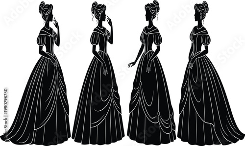 Victorian gown silhouette, elegant dress illustration, classical fashion artwork, puffed sleeve design, historical attire vector, graceful women silhouette collection