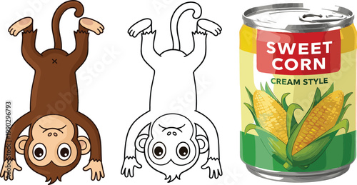 Funny Monkey Cartoon in Color and Outline Version Hanging Upside Down with Sweet Corn Can Food Vector Illustration Set